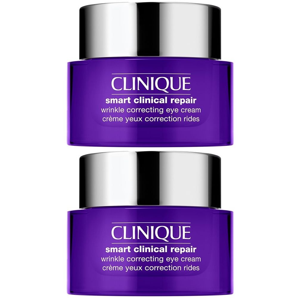 Deux pots violets avec couvercles argentés. On peut lire "CLINIQUE Smart Clinical Repair Wrinkle Correcting Eye Cream" sur les pots.