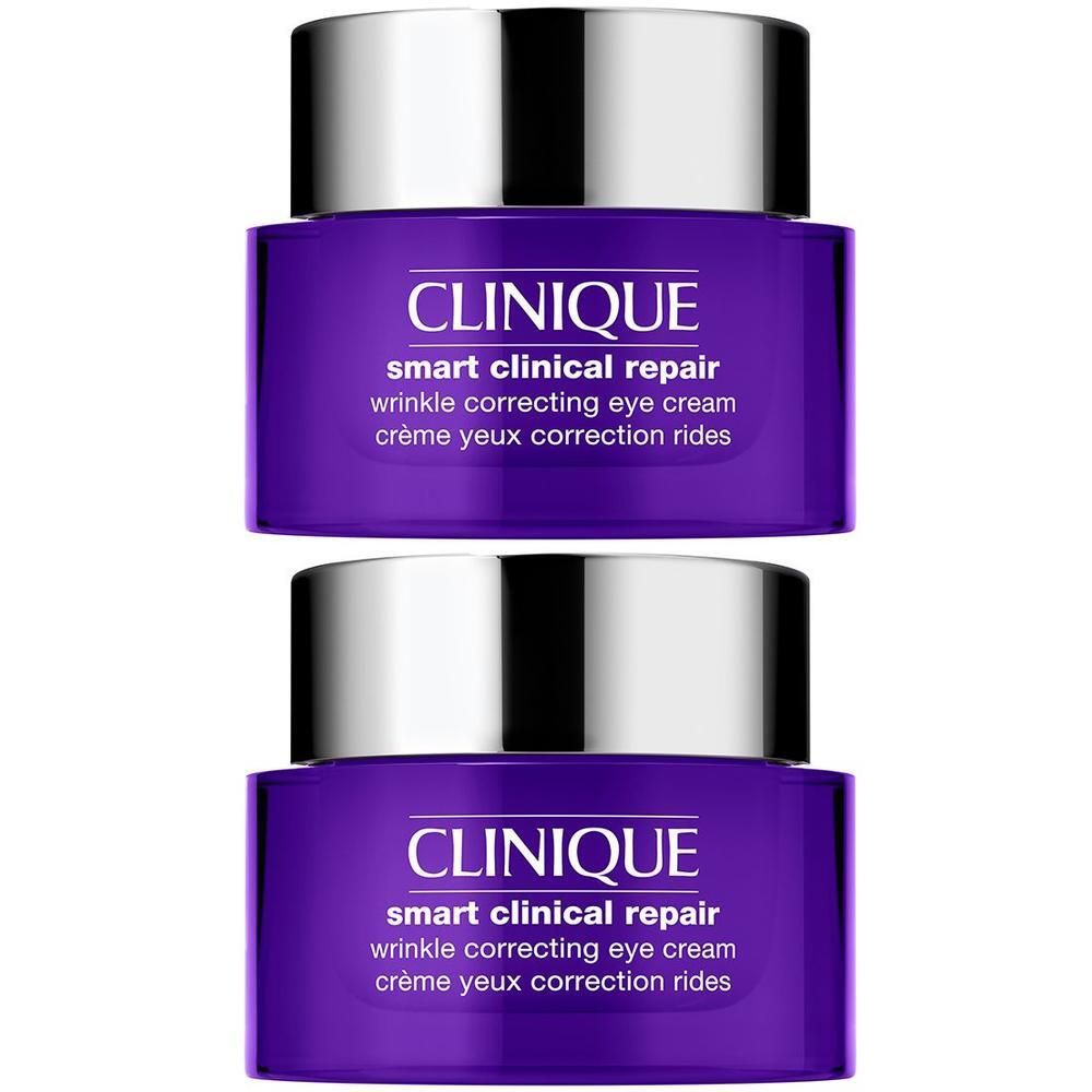 Deux pots violets avec couvercles argentés. On peut lire "CLINIQUE Smart Clinical Repair" et "crème yeux correction rides".