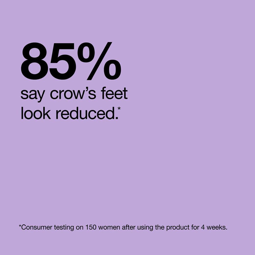 Texte : 85 % disent que les pattes d'oie semblent réduites. Test consommateur sur 150 femmes après 4 semaines.