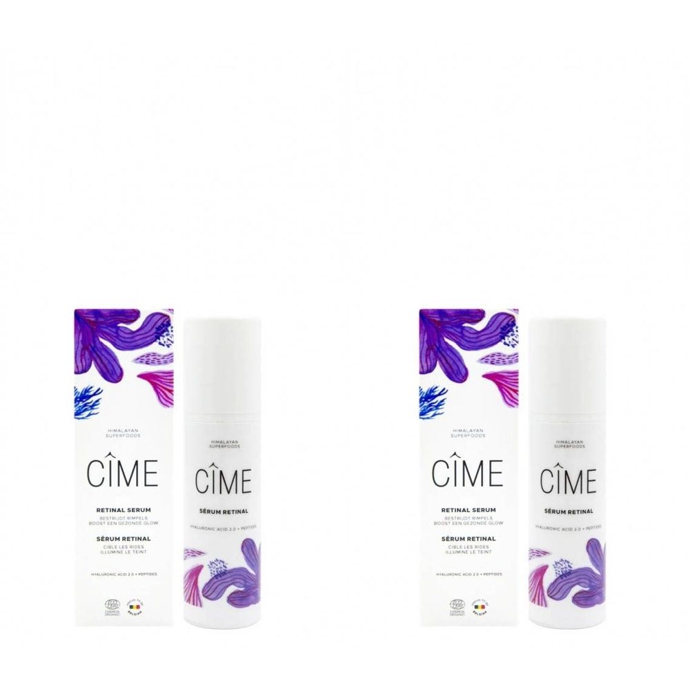Deux flacons blancs et emballages. Sur les emballages, on lit "Cîme Sérum Correcteur au Rétinal".