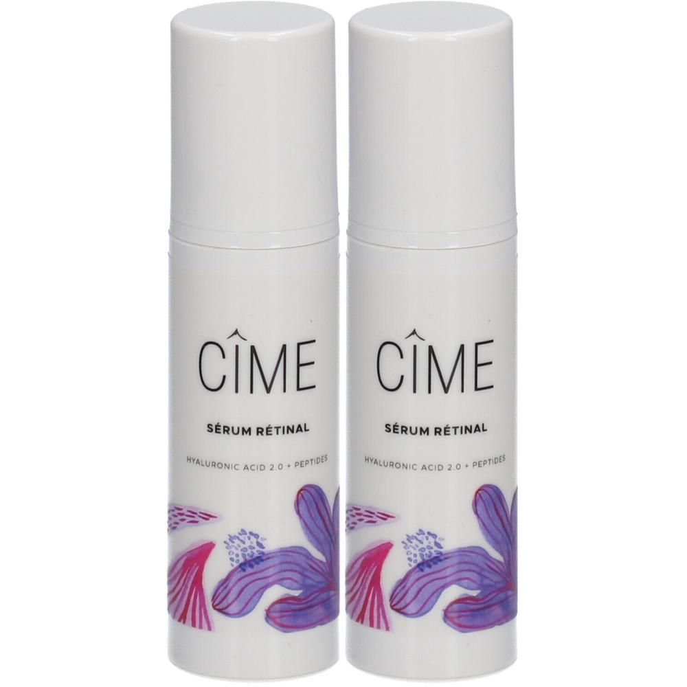 Twee witte flacons met de tekst "CIME Sérum Rétinal". Bloemenprint eronder.