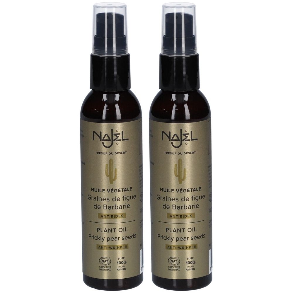 Twee flessen plantaardige olie. Opschrift: NAJEL, Huile Végétale, Graines de figue de Barbarie, Antirides, Plant Oil, Prickly pear seeds.