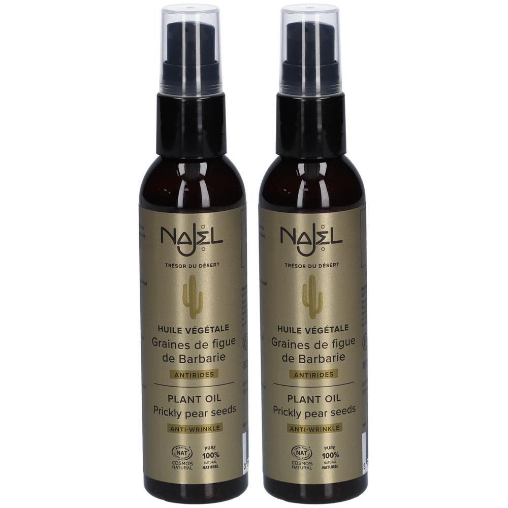 Twee olieflesjes. Bruine glazen flessen met verstuiver. Opschrift: Najel, Huile Végétale, Graine de Figue de Barbarie.
