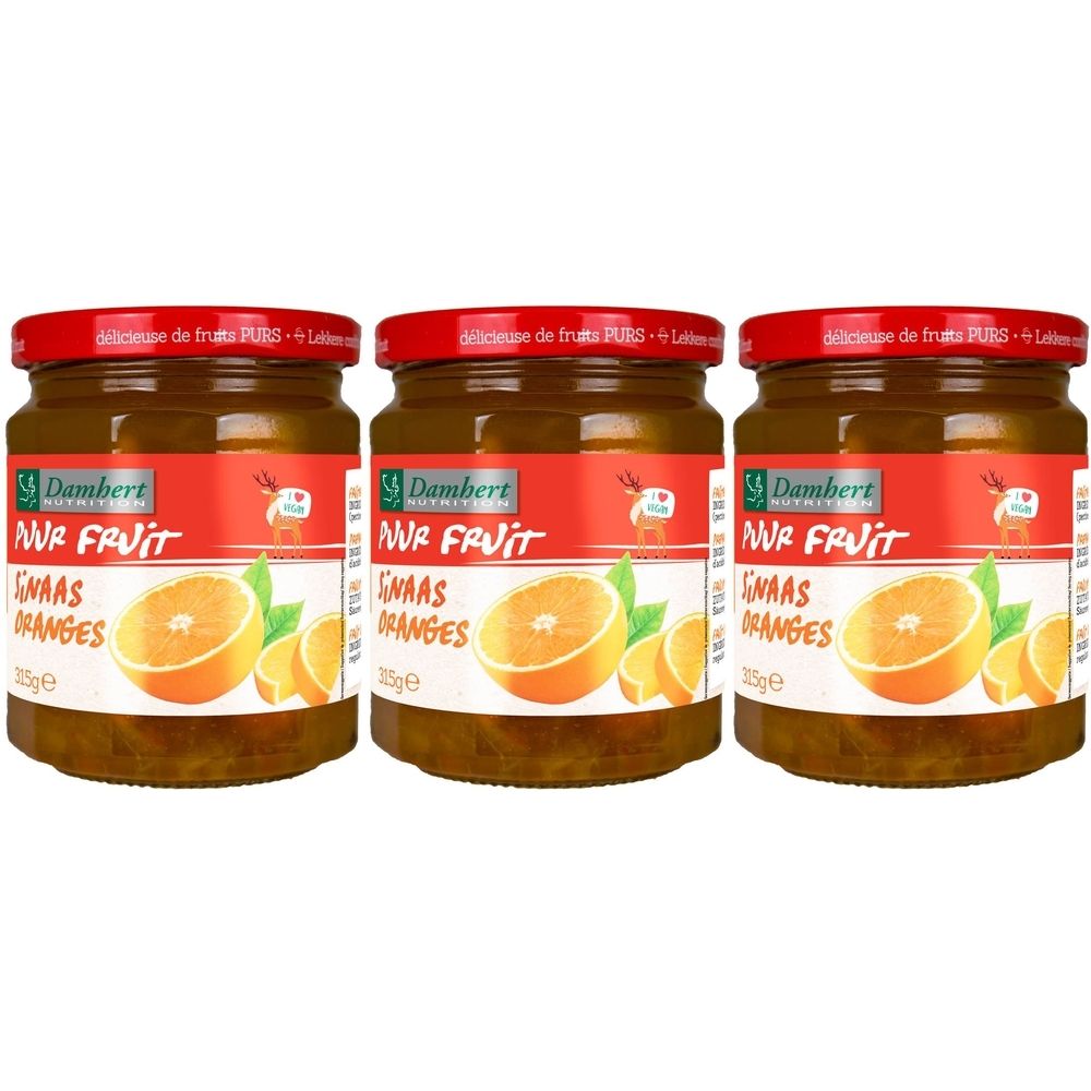 Drie potten confituur met rode deksels. Het etiket toont Damhert, NUR FRUIT, SNAAS ORANGES. Een sinaasappel is afgebeeld.