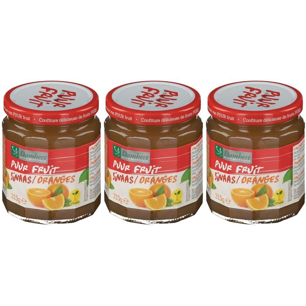 Trois pots de confiture d'orange Damhert sans sucre. Couvercles rouges, étiquette avec illustration d'orange.