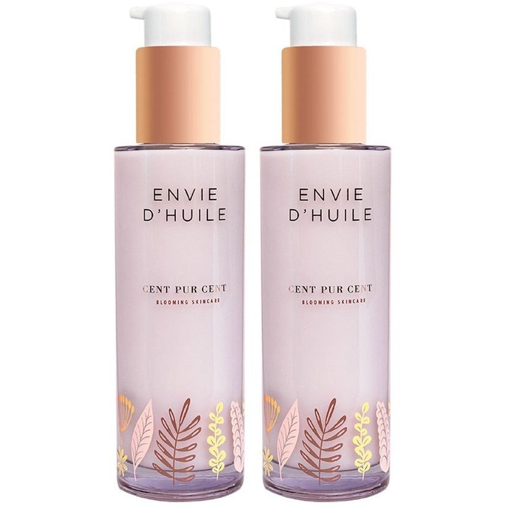 Twee flessen met pomp. Opschrift: Envie d'Huile, Cent Pur Cent. Bloemenmotief onderaan.