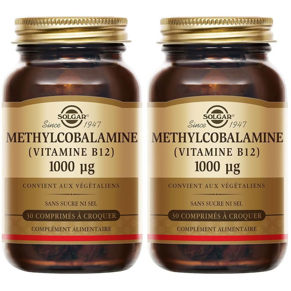 Twee flessen Solgar Methylcobalamine. Bruine glazen flessen met gouden doppen. Etiket met productinfo.