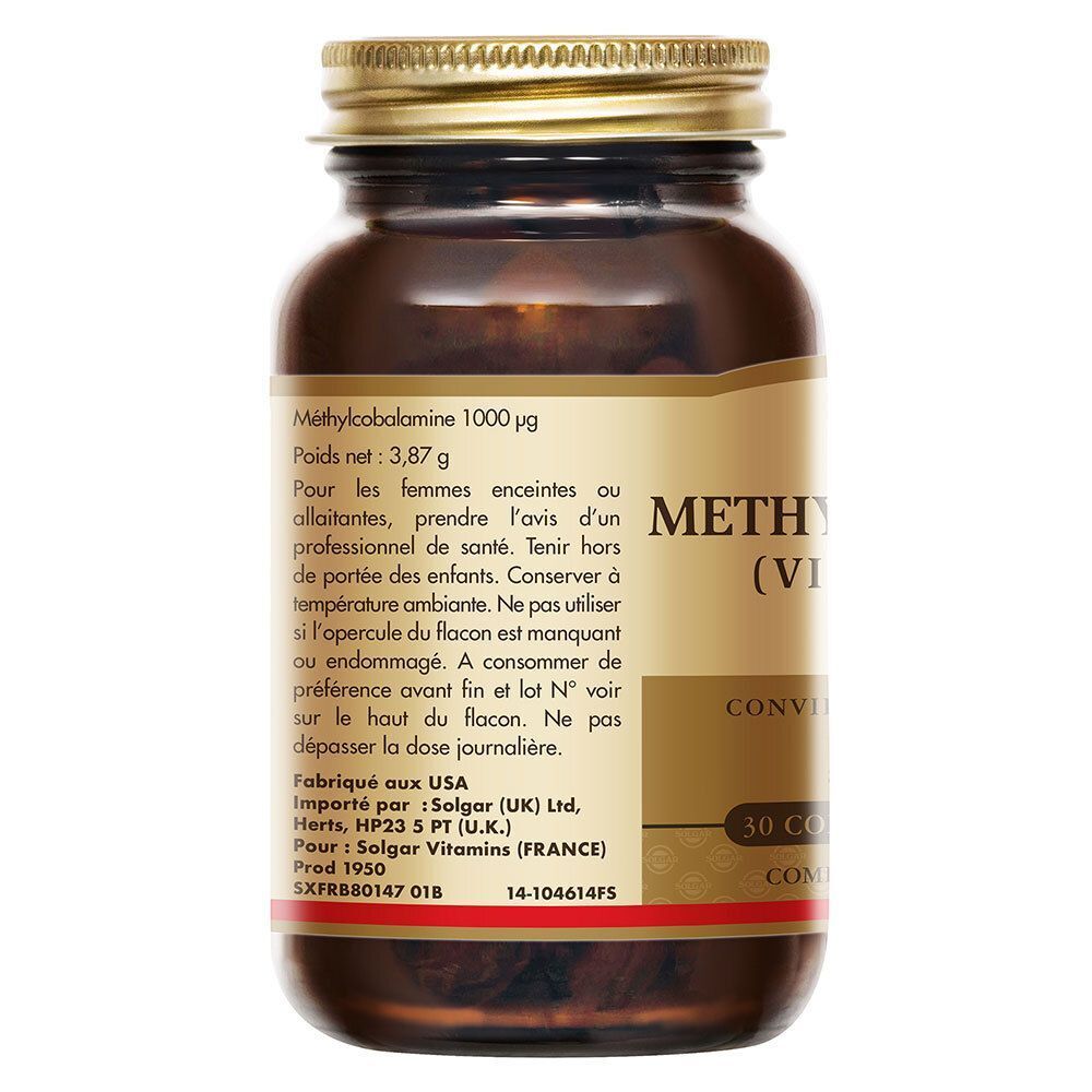 Achterkant van een fles Solgar Methylcobalamine. Bruine glazen fles met gouden dop. Etiket met tekst.