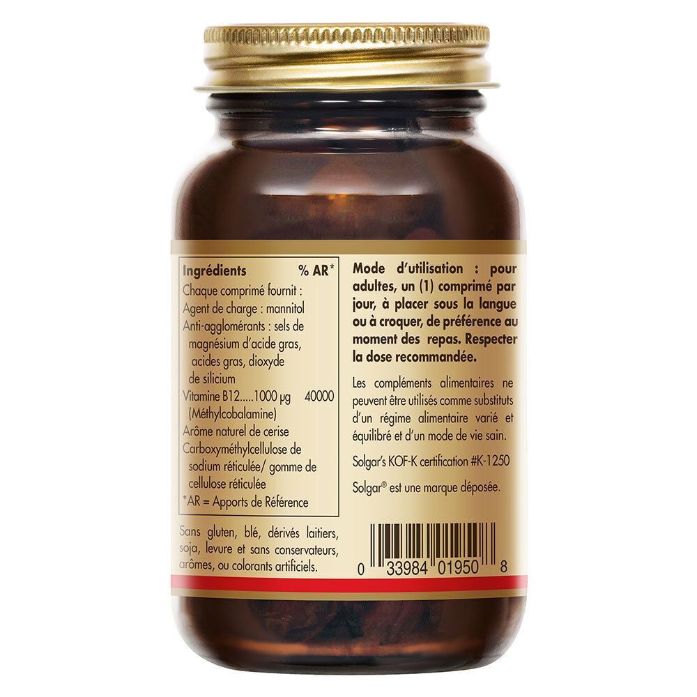 Achterkant van een fles Solgar Methylcobalamine. Etiket met ingrediënten en gebruiksaanwijzing.