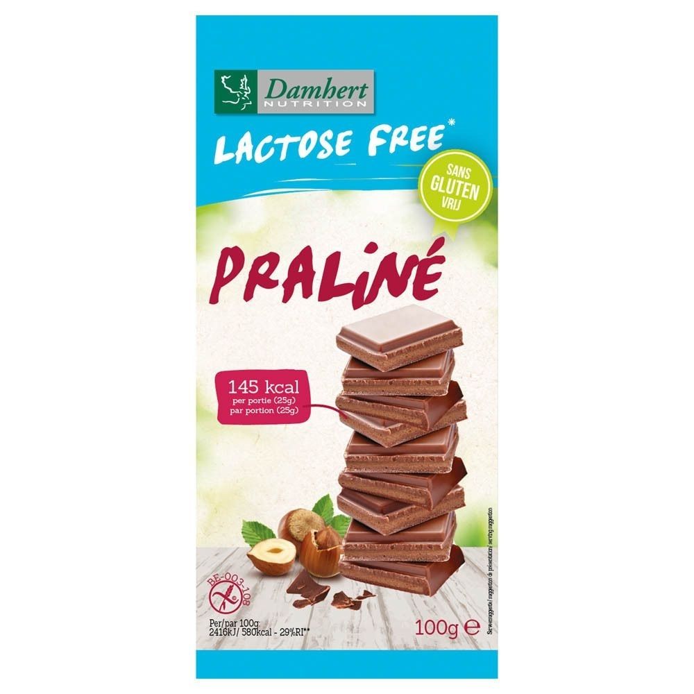Verpakking met chocolade praliné. Opschriften: Lactose Free, Praliné, Sans Gluten. 145 kcal per portie. 100g.