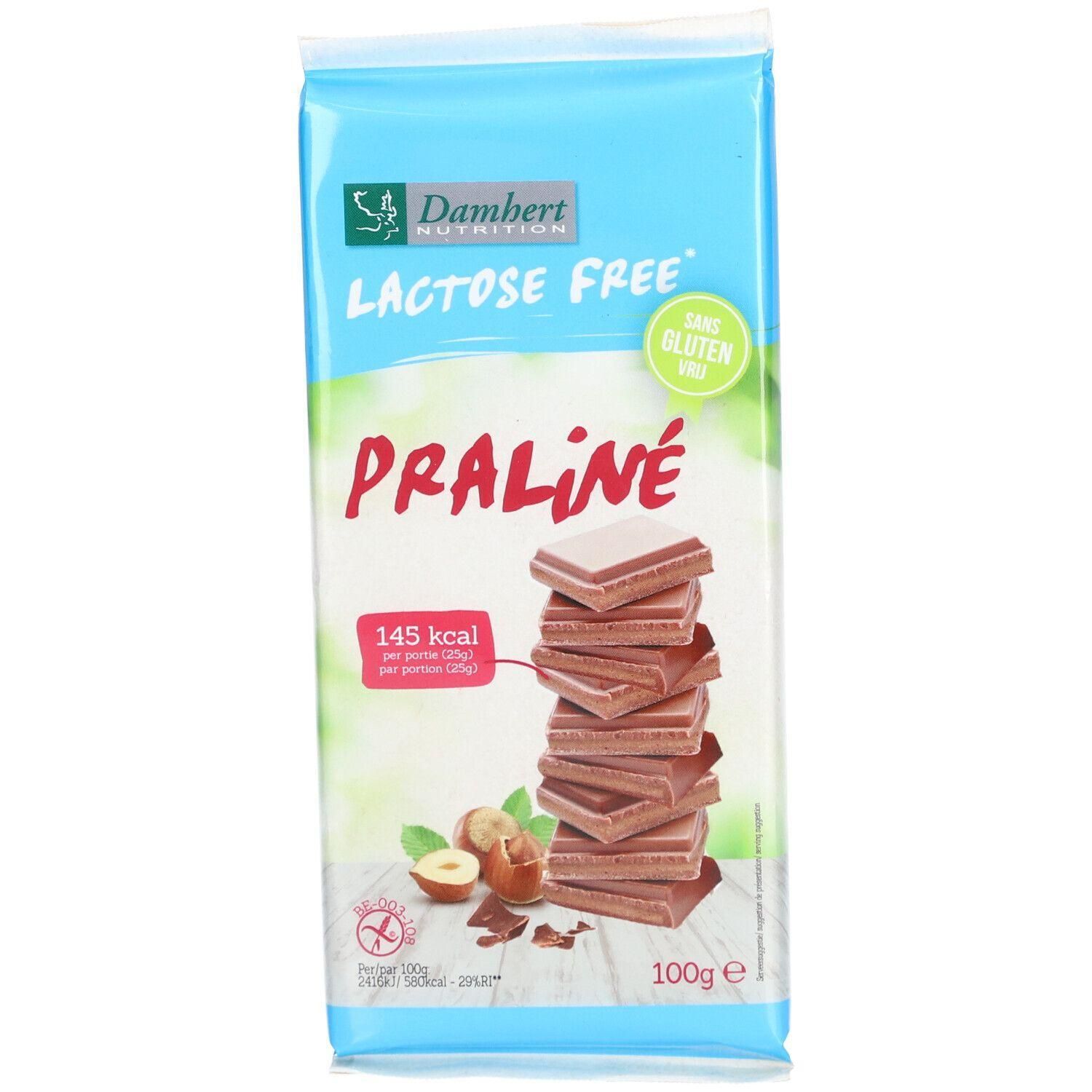 Chocoladereep met pralinéstukjes. Opschrift: Lactose Free, Sans Gluten. 100g. Hazelnoten en cacaostukjes.