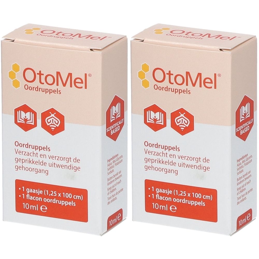 Deux boîtes de gouttes auriculaires Otomel. Inscription : Oordruppels, 10 ml. Contient une gaze et un flacon de gouttes. Scientifiquement prouvé.