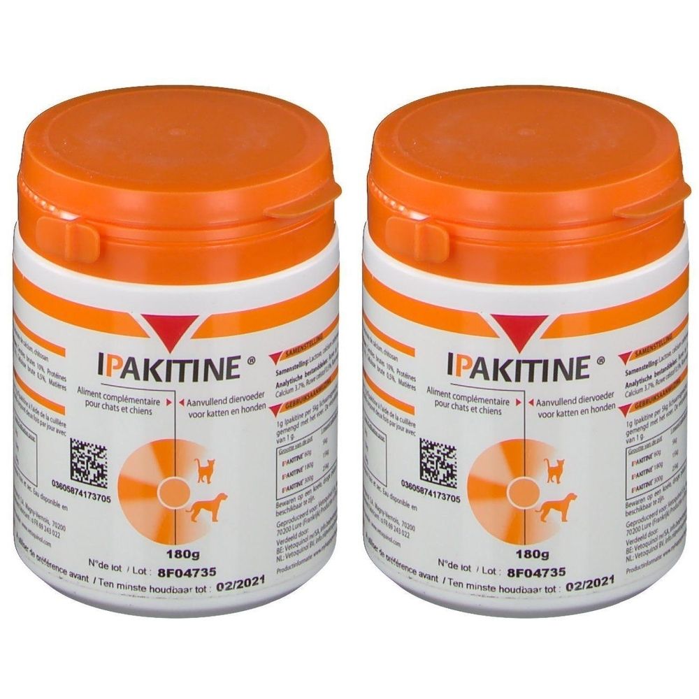 Deux boîtes avec couvercles orange. Les étiquettes indiquent "IPAKITINE" et des informations pour chiens et chats. 180g.