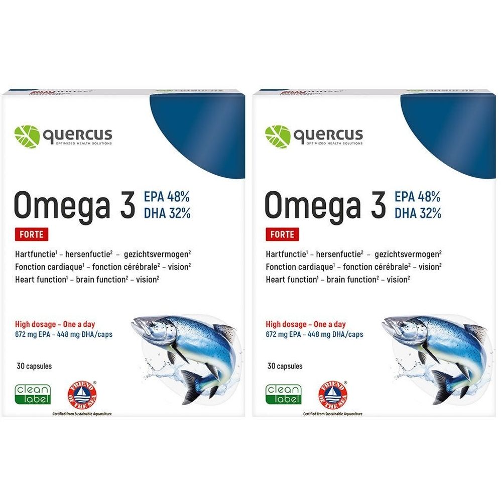 Twee dozen Quercus Omega 3 Forte. Opschrift: Omega 3, EPA 48%, DHA 32%. Bevat 30 capsules. Met Clean Label en Friend of the Sea.