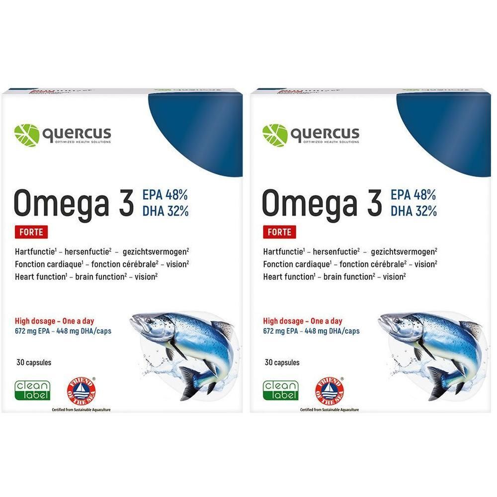Twee witte dozen Quercus Omega 3. Opschrift: Omega 3 Forte, EPA 48%, DHA 32%. Vis-illustratie.