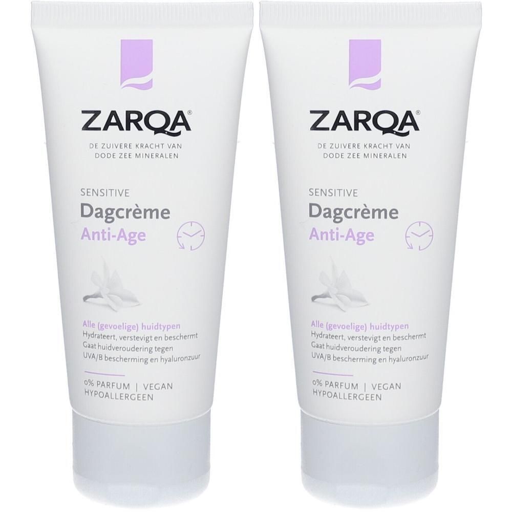 Twee tubes ZARQA Dagcrème Anti-Age. Witte tubes met paars logo en tekst. Nederlandstalige tekst.
