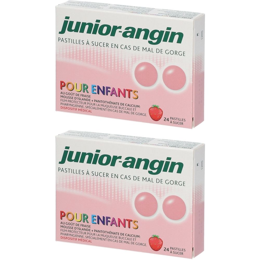 Twee dozen met "junior-angin". Op elke doos roze pastilles en een aardbei. Tekst: "POUR ENFANTS".