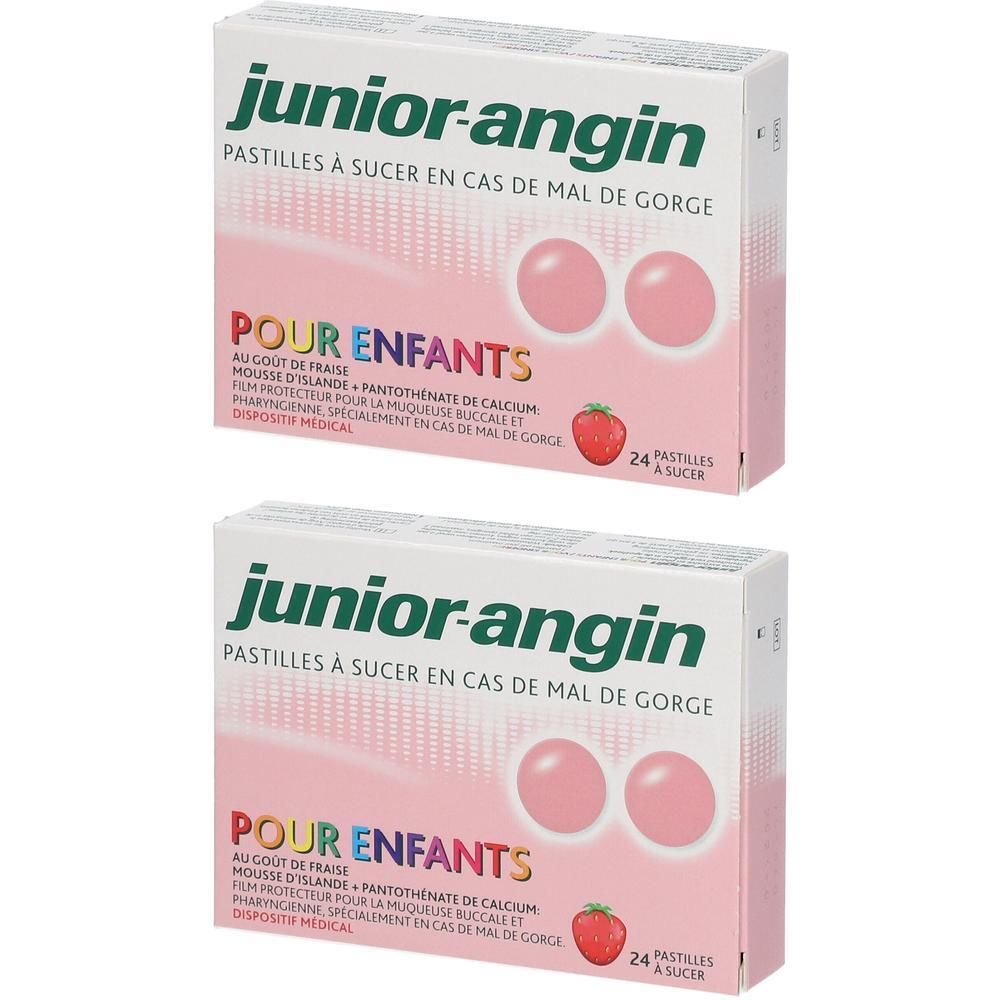 Twee dozen Junior-Angin keeltabletten. Witte dozen met roze en groene tekst. Aardbei-illustratie.