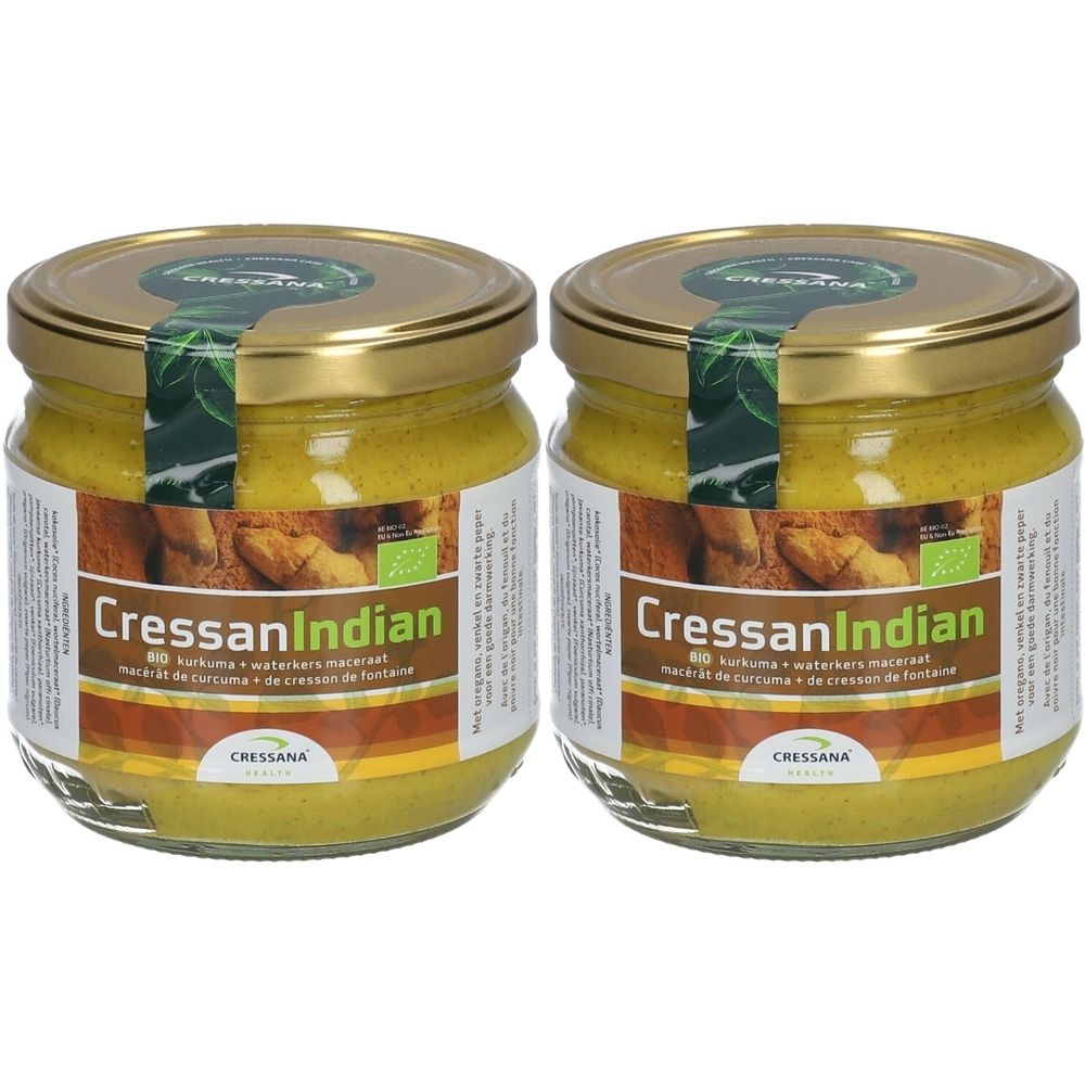 Deux pots de CRESSANA® CressanIndian avec contenu jaune et couvercles dorés. Étiquettes avec informations produit.