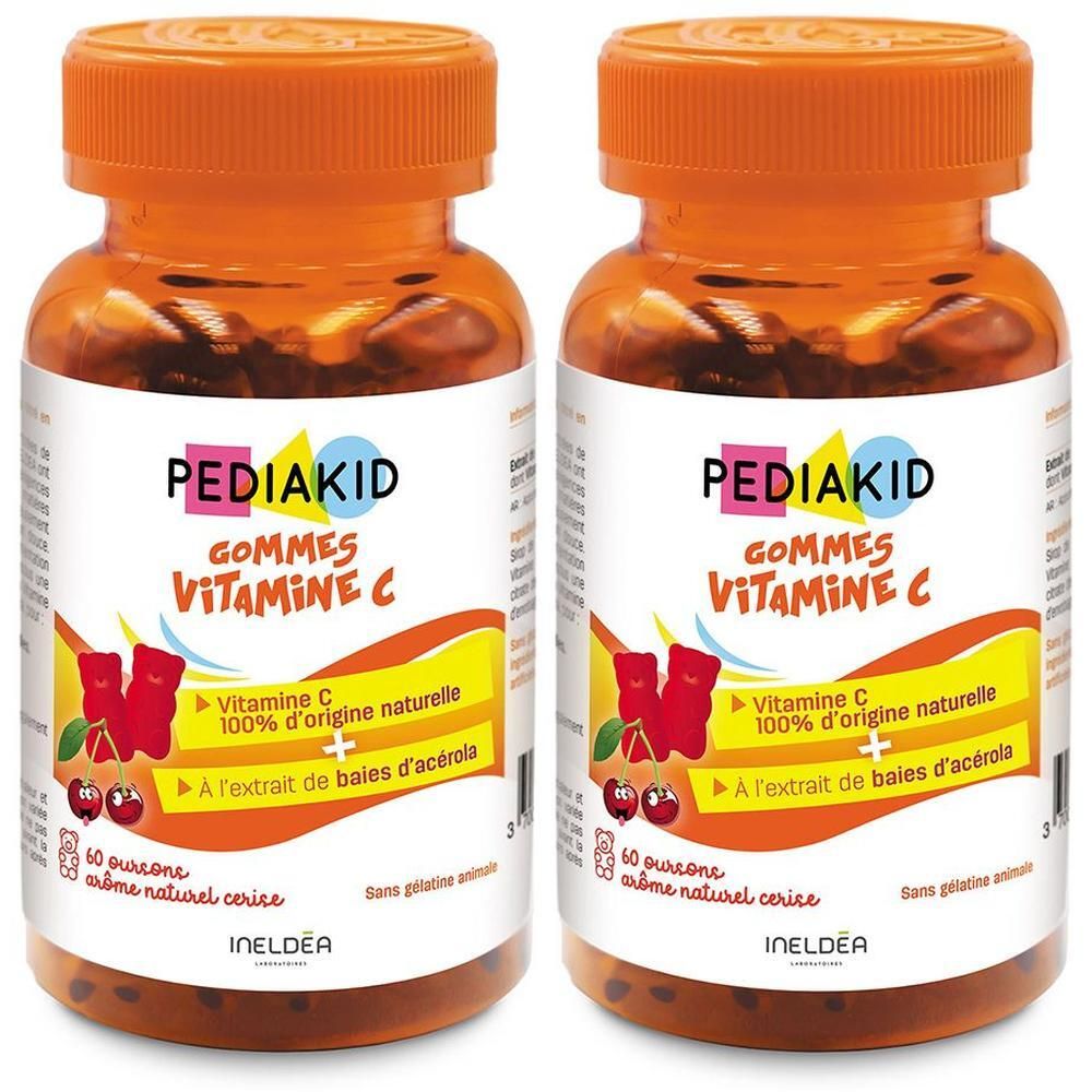 Twee flessen met oranje deksels. Opschrift: PEDIAKID Gommes Vitamine C. 60 gummies, natuurlijke kersensmaak.