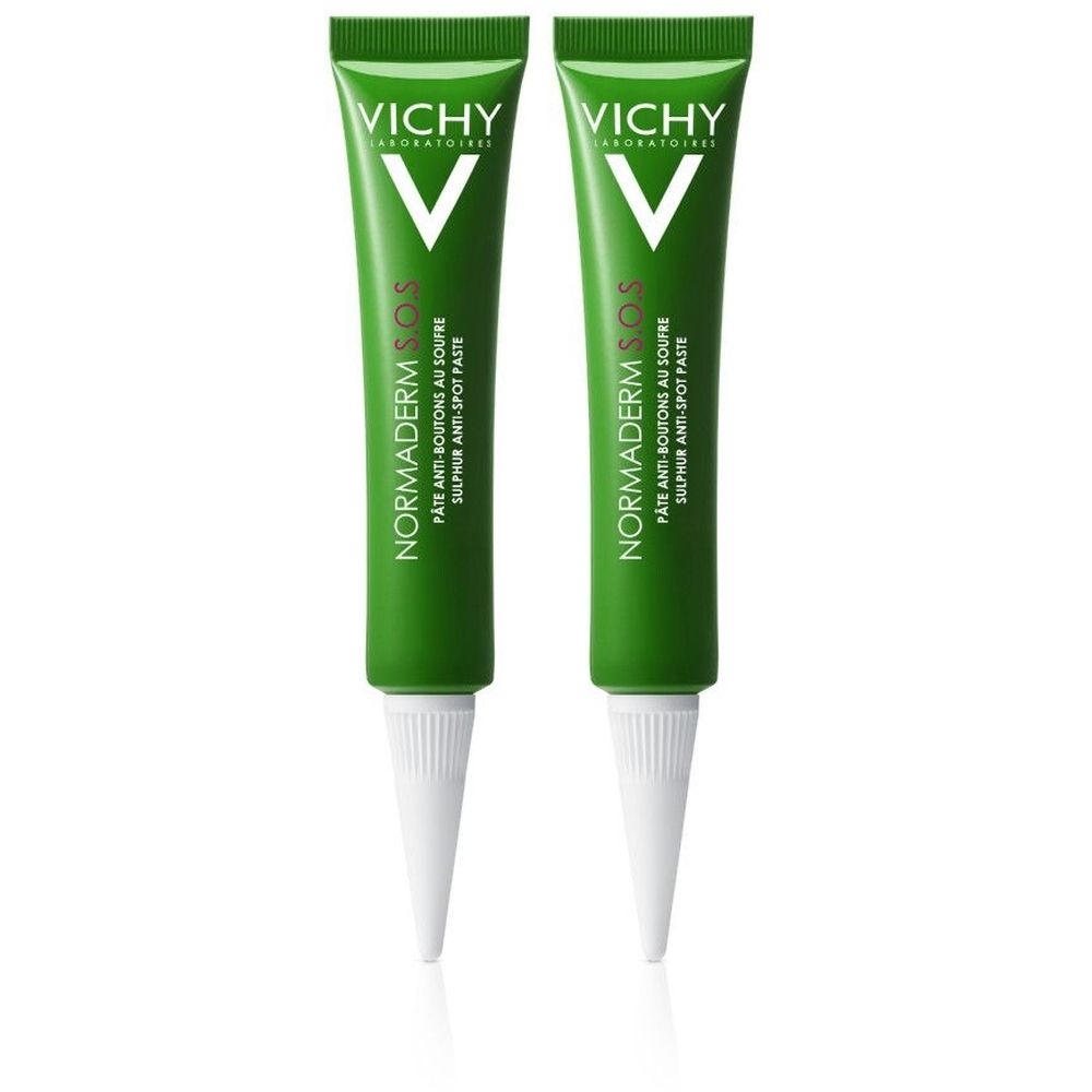 Deux tubes verts avec embout blanc. Inscription "VICHY" et "NORMADERM SOS" sur chacun.