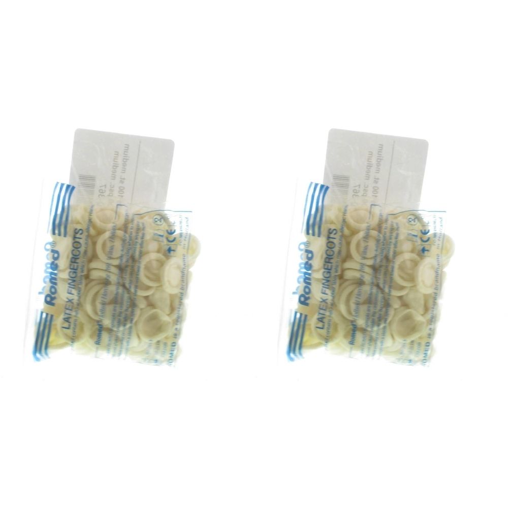 Twee verpakkingen latex vingertoppen. De merknaam Romed en de aanduiding Latex Fingercots zijn zichtbaar.