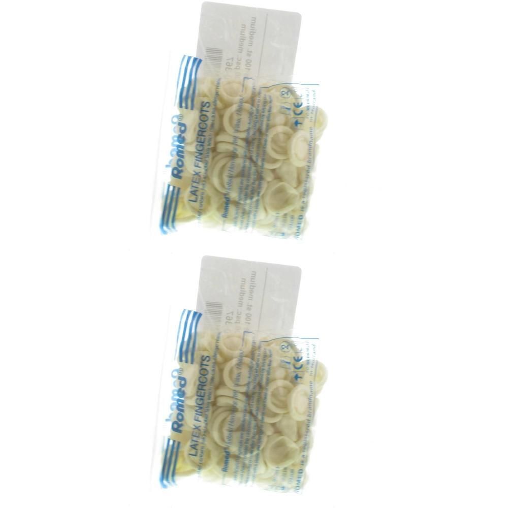 Deux paquets de doigtier en latex Romed, taille moyenne. Emballage individuel transparent. Accents bleus et jaunes.