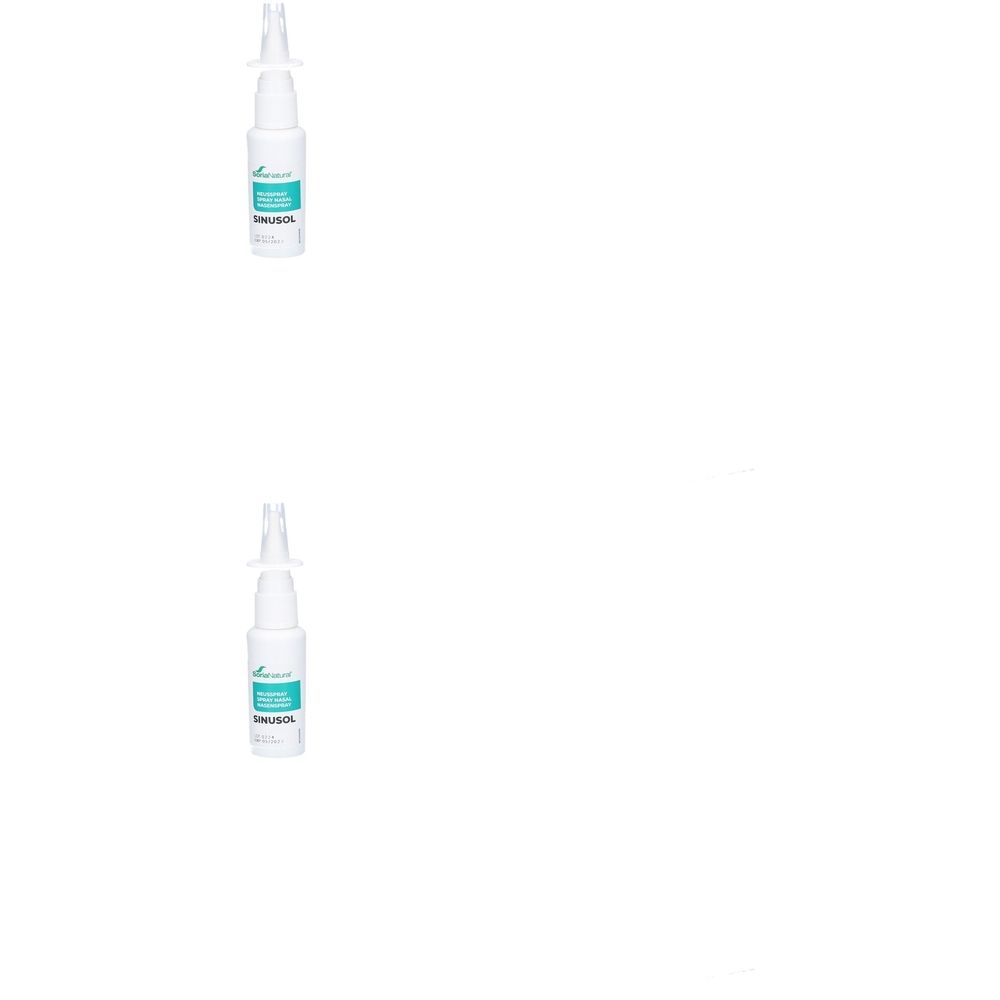 Flacon de spray nasal blanc avec embout. Inscription : Sinusol, Propolis.