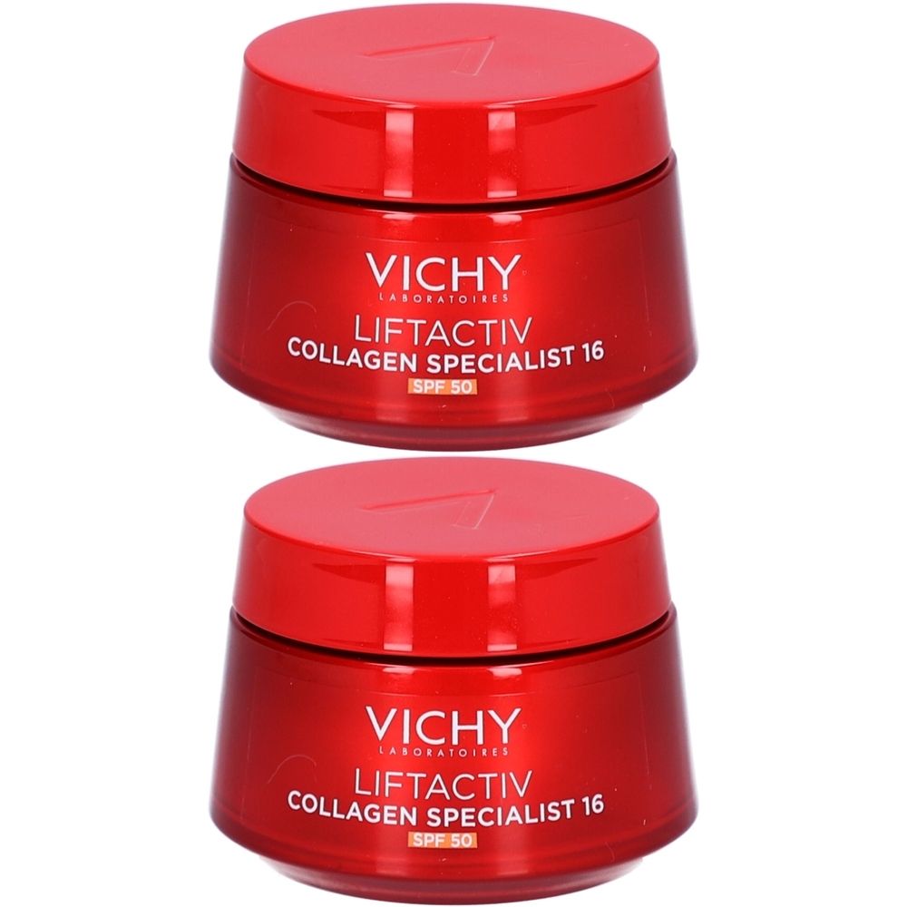 Twee rode potten met deksels. Op de potten staat "VICHY LIFTACTIV COLLAGEN SPECIALIST 16 SPF 50".
