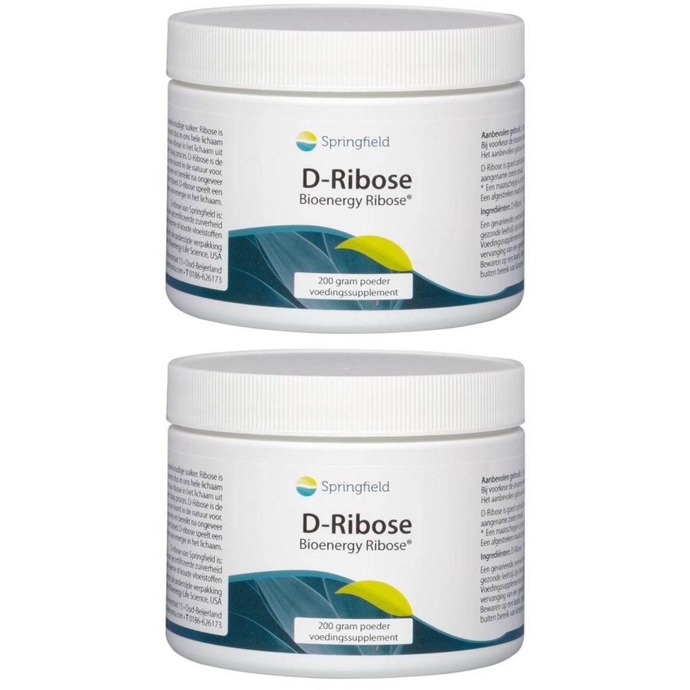 Twee witte potten met etiket. Opschrift: D-Ribose Bioenergy Ribose. 200 g poeder. Merk: Springfield.