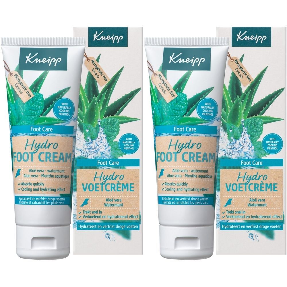 Deux tubes et emballages. Inscription: Kneipp Hydro Crème pour les Pieds. Avec Aloe Vera et menthol. Formule sans microplastiques.