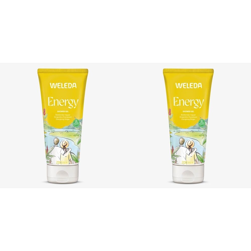 Twee gele tubes met "WELEDA Energy". Illustratie van mensen in een landschap. Witte dop.