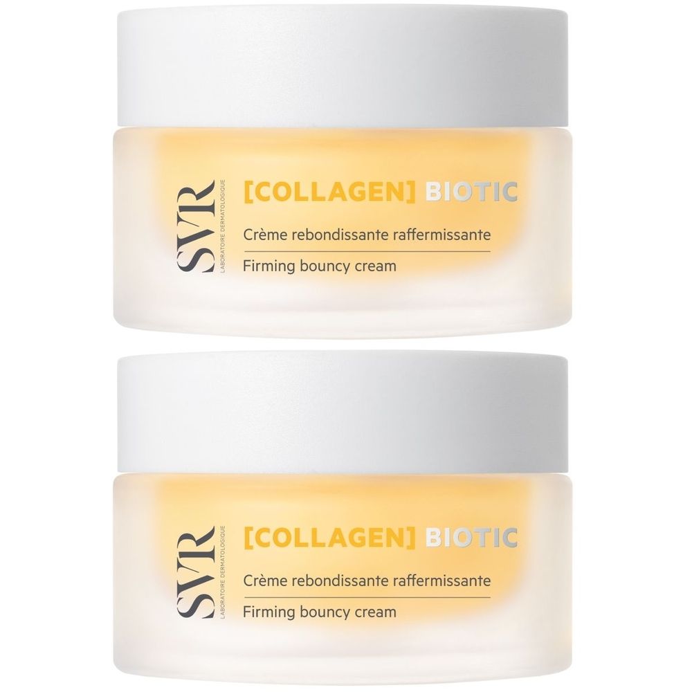 Twee crèmepotten met witte deksels. Opschrift SVR, [COLLAGEN] BIOTIC, Crème rebondissante raffermissante, Firming bouncy cream.