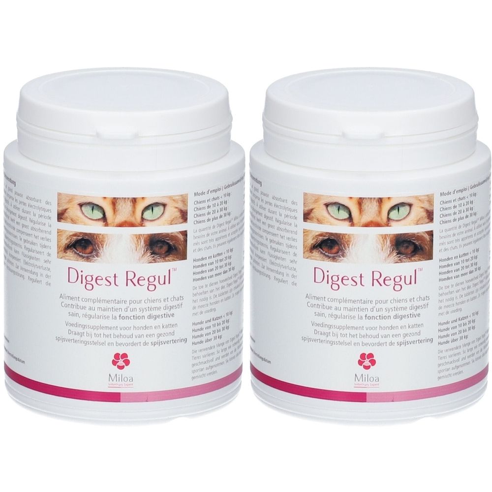 Deux pots blancs avec couvercles. Inscription "Digest Regul" et yeux de chat. Texte multilingue.