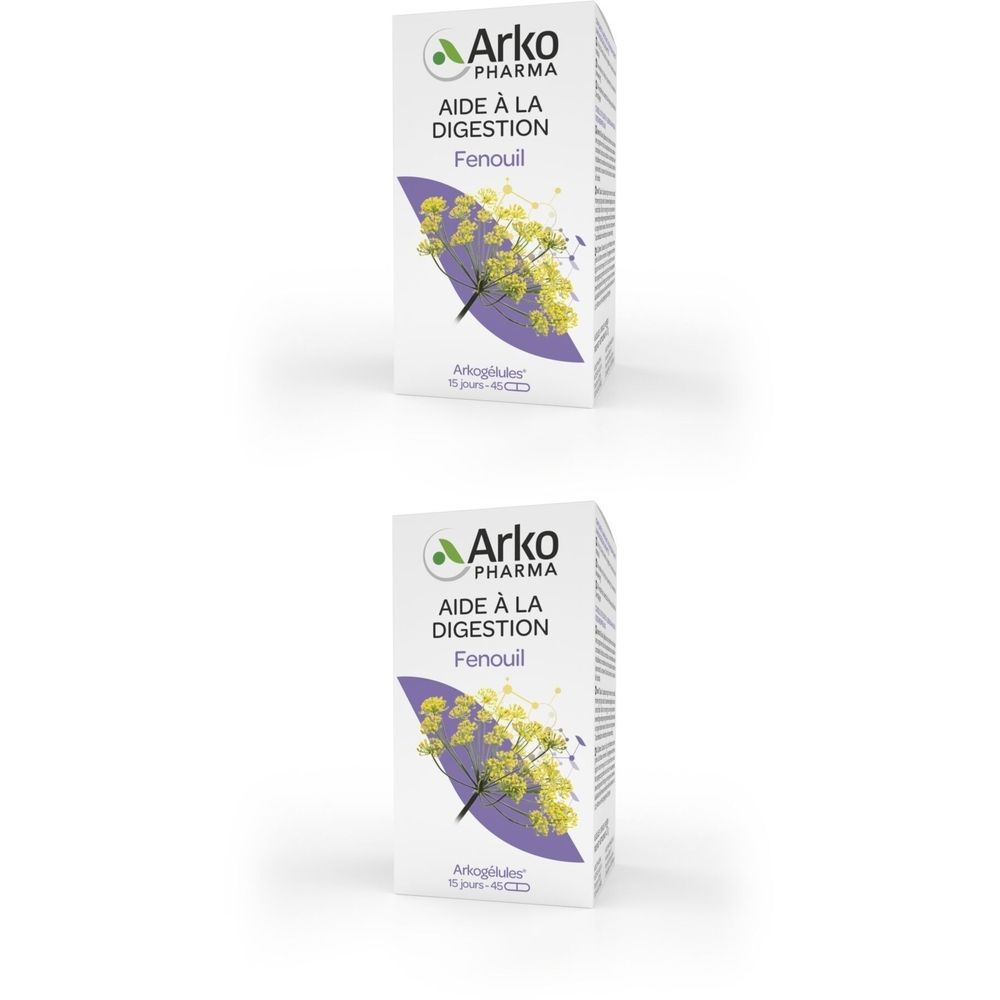 Boîte Arkogelules Fenouil Vegetal. Blanche, logo et nom du produit. Illustration de fenouil.