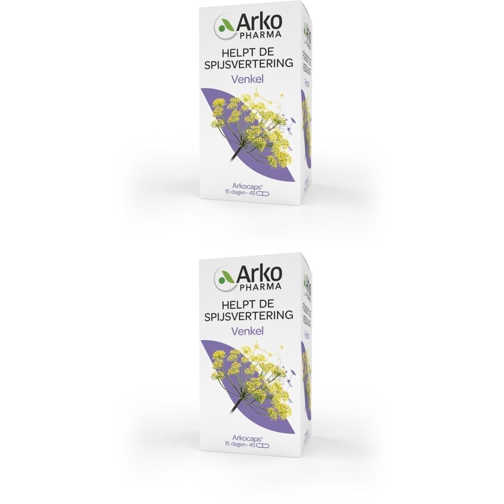 Doosje Arkogelules Venkel. Wit, met logo en productnaam. Illustratie van venkel.