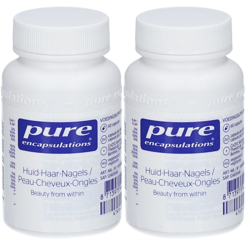 Deux flacons blancs avec étiquette bleue. Inscription : Pure Encapsulations, Huid-Haar-Nagels/Peau-Cheveux-Ongles. Capsules.