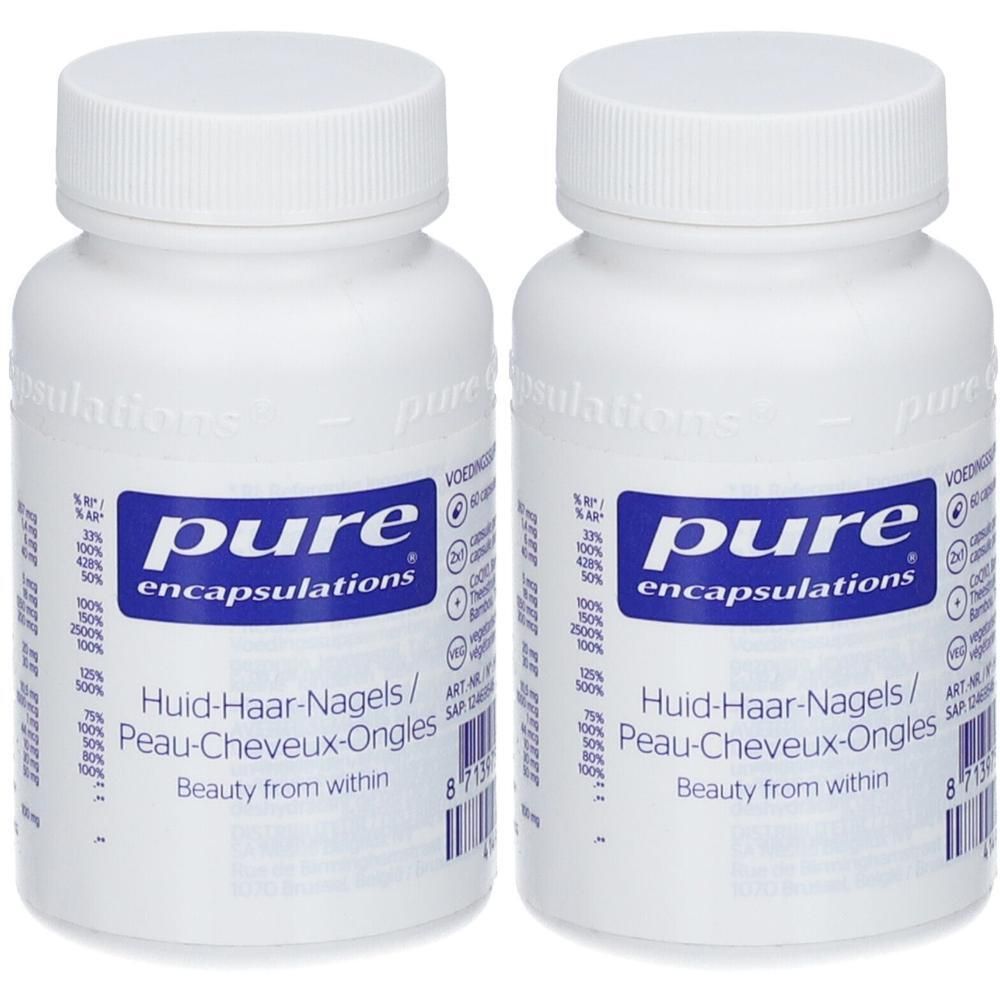 Twee witte flessen met blauwe etiketten. Opschrift: pure encapsulations, Huid-Haar-Nagels/Peau-Cheveux-Ongles.
