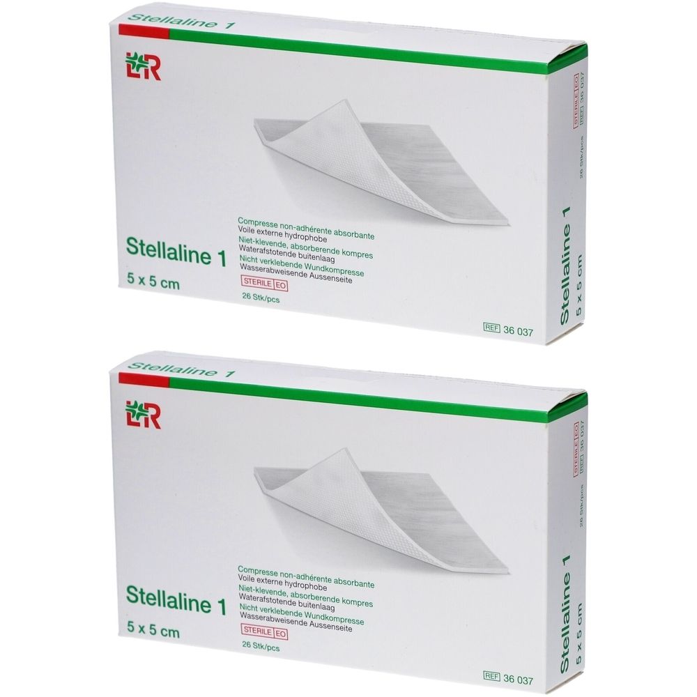 Deux boîtes de Stellaline 1, 5x5 cm. Emballage blanc avec accents verts. Compresse non adhérente présentée.
