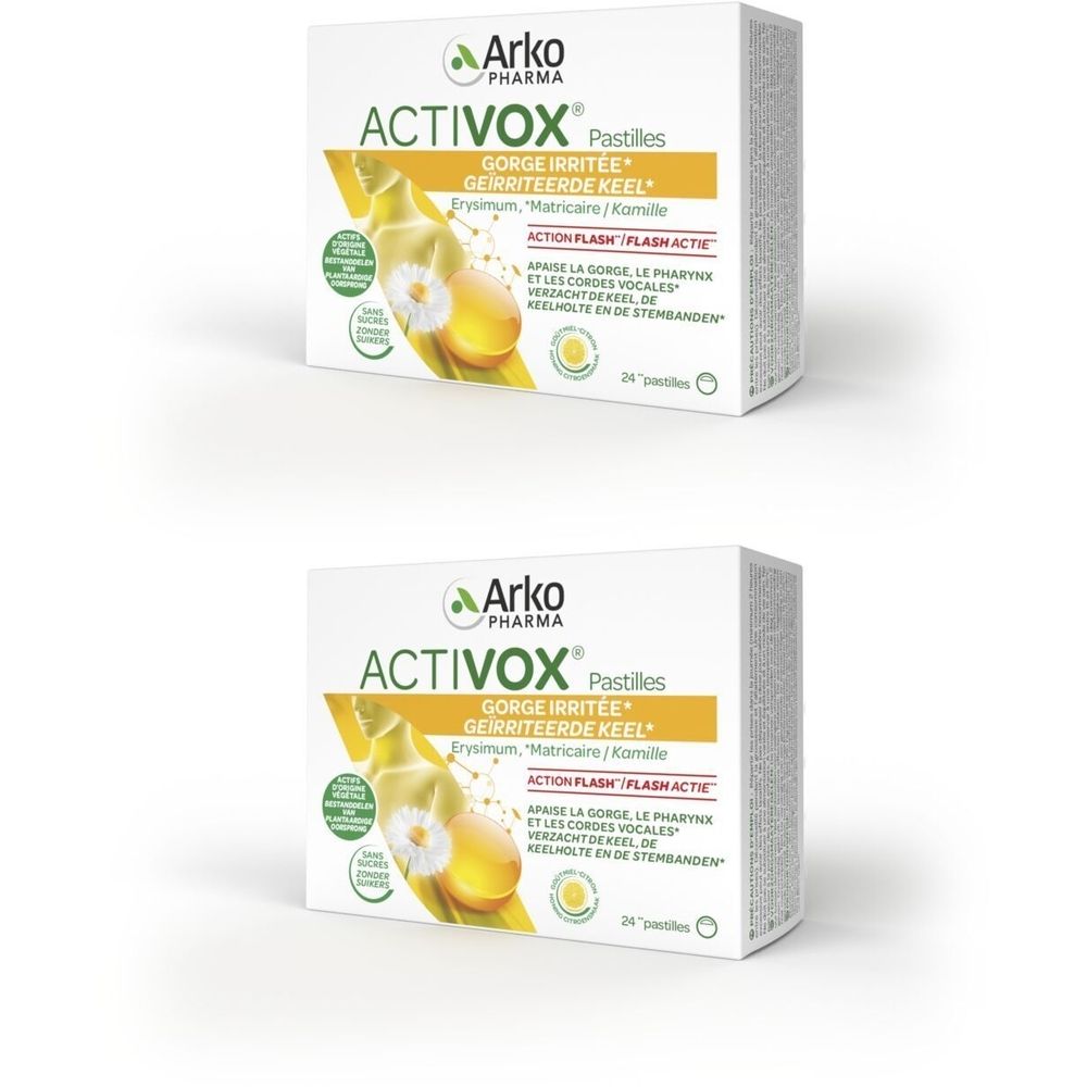 Twee dozen Activox pastilles. Opschrift: Arko Pharma, Activox, GORGE IRRITÉE, 34 pastilles. Illustratie van een keel met bloem.