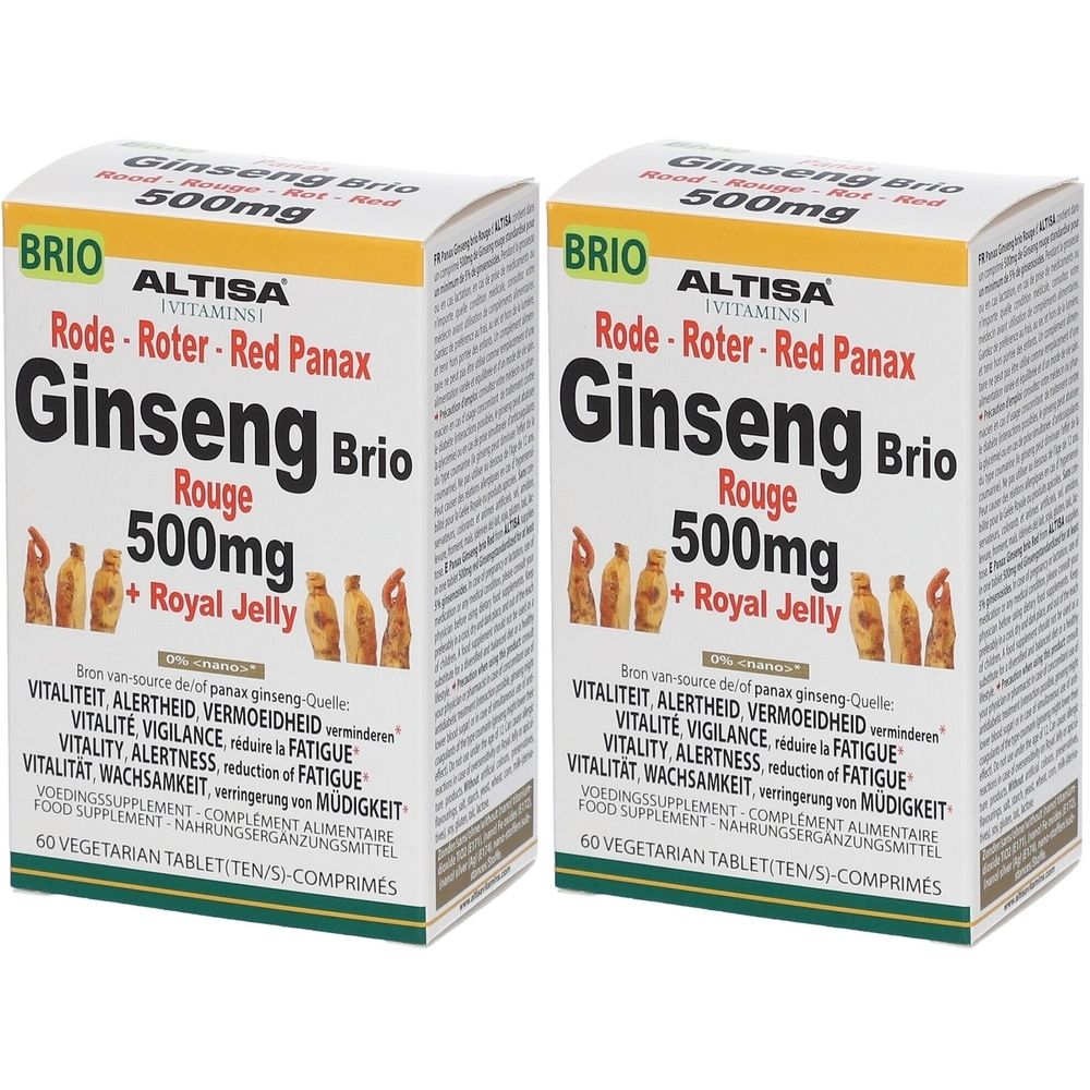 Twee rechthoekige dozen Ginseng Brio Rouge. Opschrift: Altisa, 500mg, + Royal Jelly. 60 vegetarische tabletten.