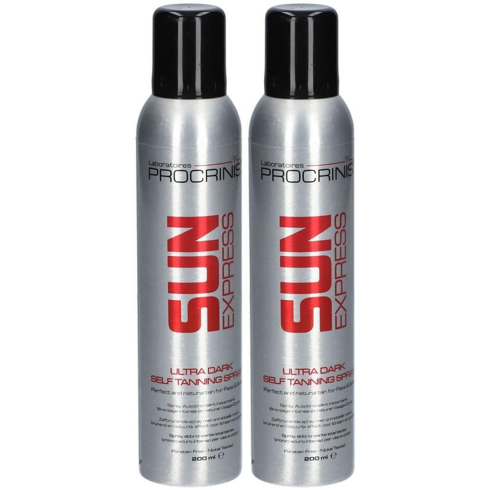 Twee Procrinis Sunexpress sprays. Zilveren bussen met zwarte dop en rode tekst.