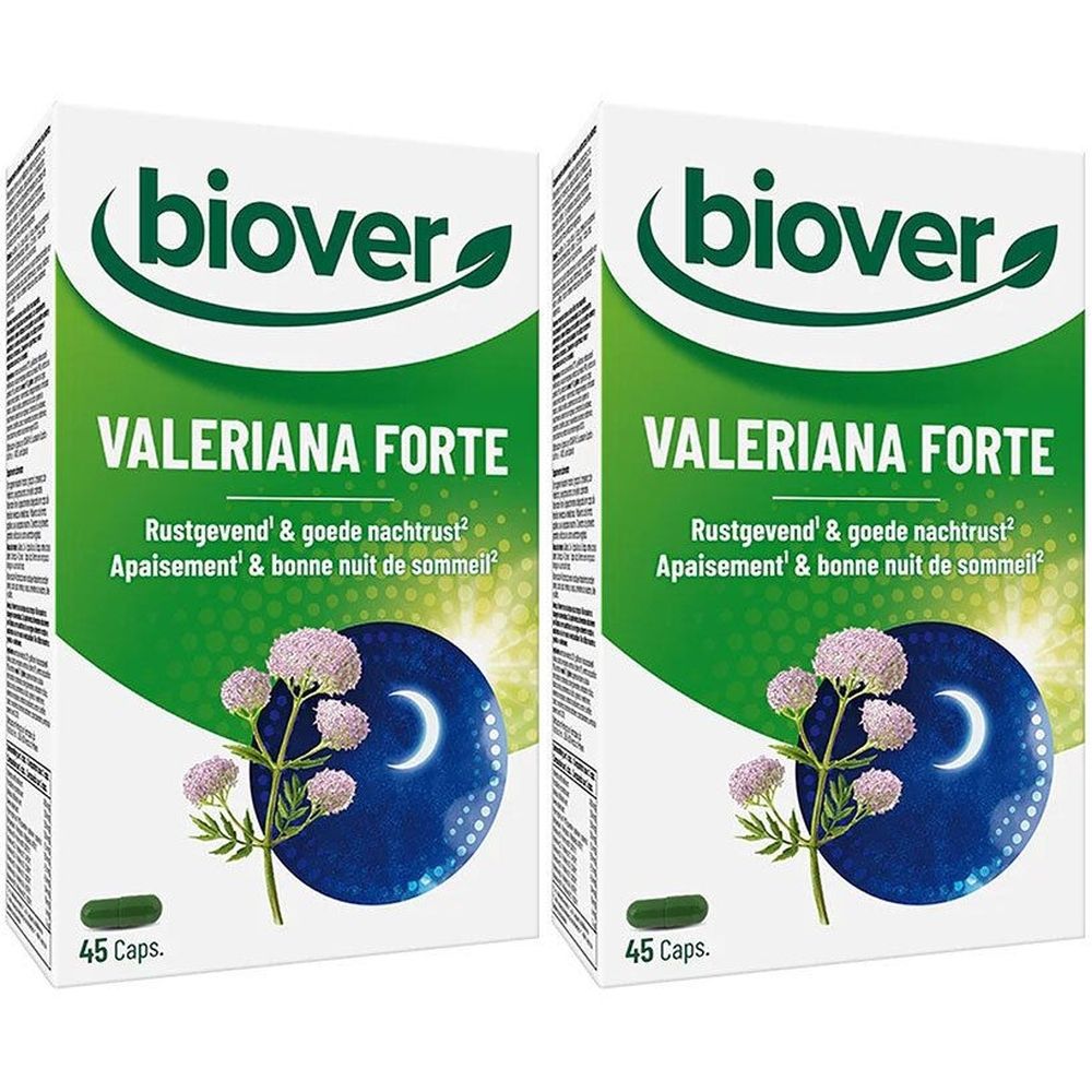 Twee dozen Biover Valeriana Forte. Groene en witte verpakking met productnaam en bloemmotief.