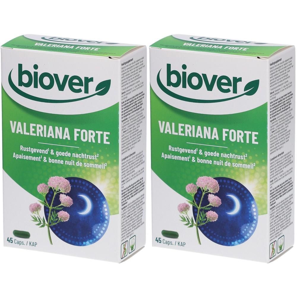 Twee dozen Biover Valeriana Forte. Groene en witte verpakking met productnaam en bloemmotief.