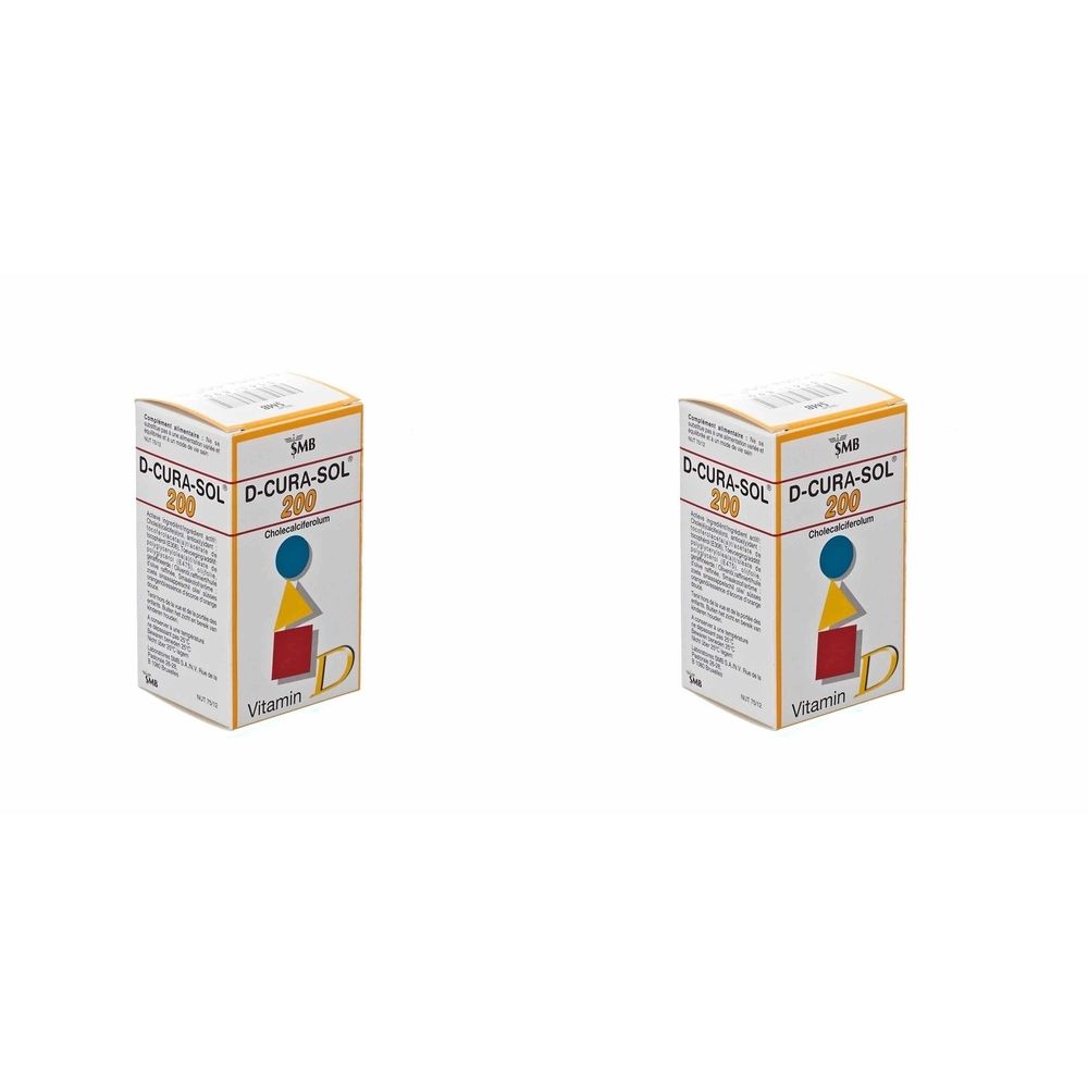 Twee rechthoekige dozen. Opschrift: D-CURA-SOL 200, vitamine D. Gele, witte en blauwe geometrische vormen.