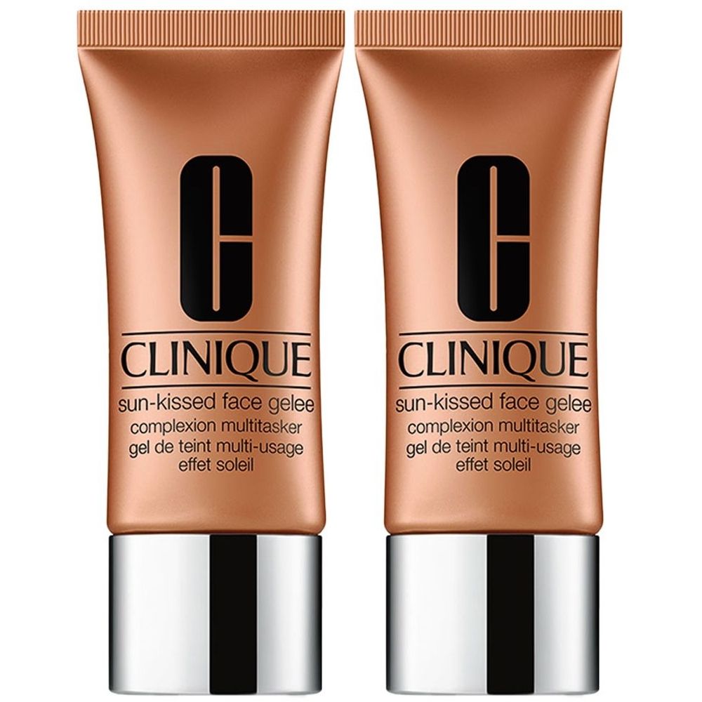 Twee tubes Clinique Sun-Kissed Face Gelée. Bronzekleurige tubes met zilveren doppen. Zwart logo en productnaam.