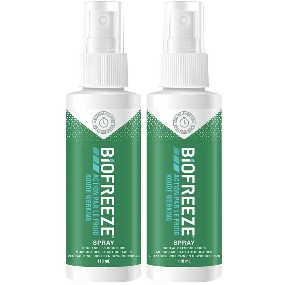 Deux flacons spray blancs avec étiquette verte. Inscription : BIOFREEZE, ACTION PAR LE FROID, KOUDE WERKING, SPRAY. Soulage les douleurs musculaires et articulaires.
