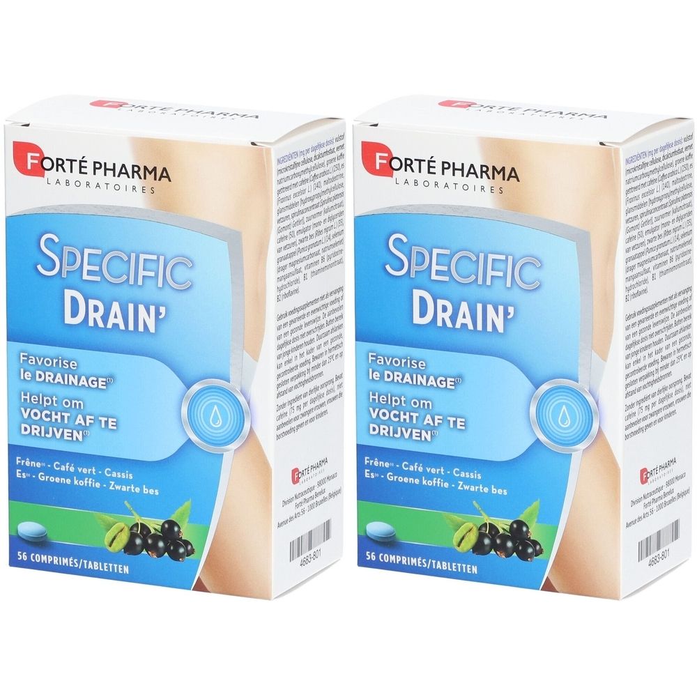 Twee dozen met "Specific Drain". Blauw-witte verpakking met productnaam en logo van Forté Pharma.