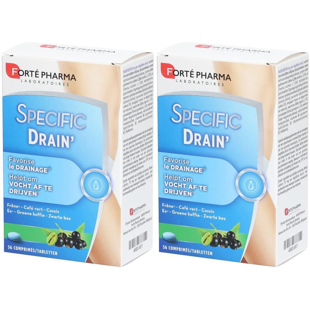 Twee dozen Specific Drain. Tekst in het Frans en Nederlands. Logo Forté Pharma. Illustratie van zwarte bessen. 56 tabletten.