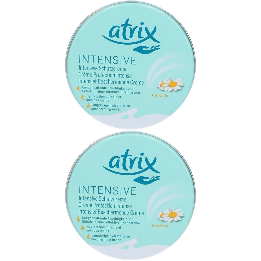 Deux boîtes rondes de crème protectrice intensive Atrix. Couvercle bleu clair avec texte blanc et illustration de camomille.